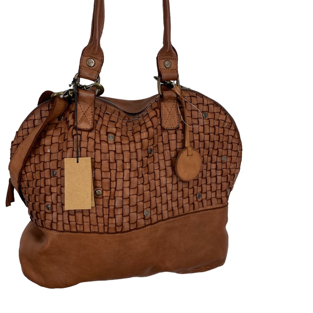 Used Harbour 2nd Vintage Washed Cognac Woven Leather Women's Large Satchel Bag